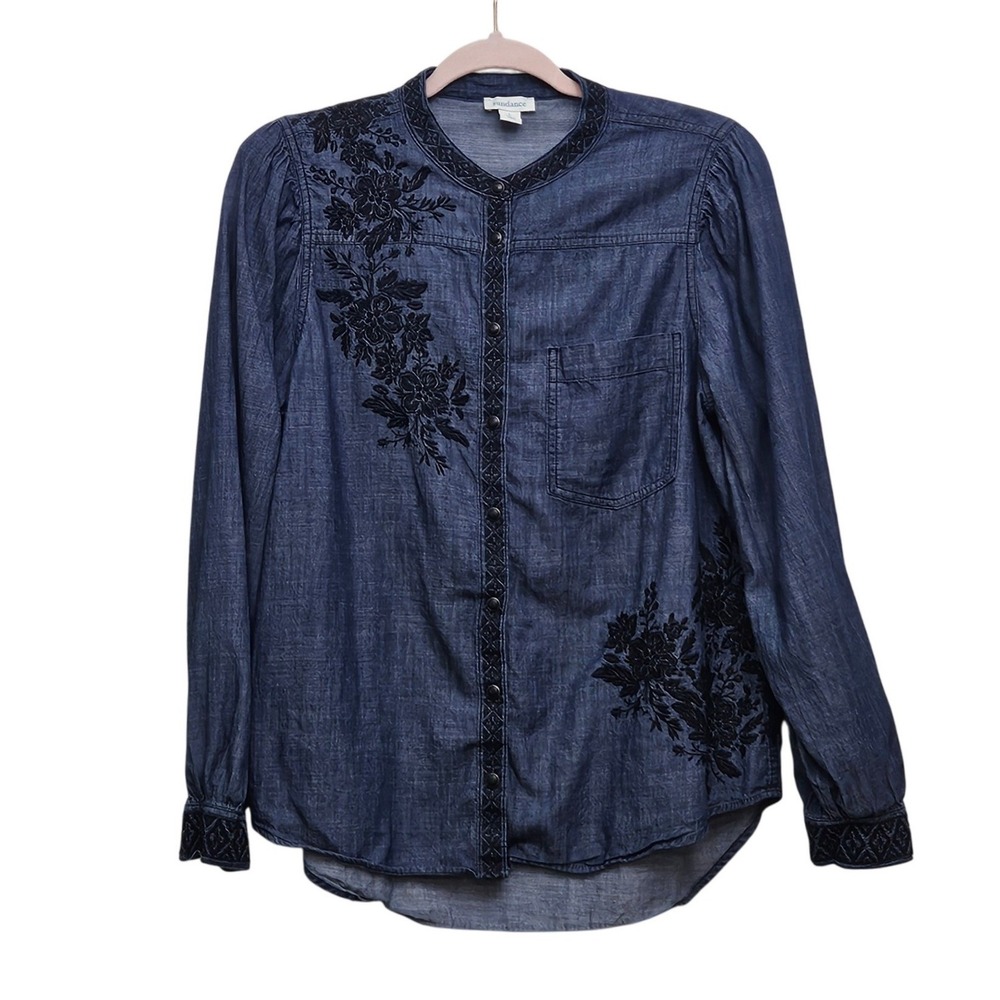 Sundance Blouse Womens L Blue Embroidered Cotton Chambray Boho Western Snap Top